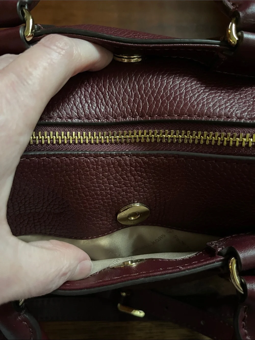 NWOT MICHAEL KORS Small Burgundy Pebbled Leather Satchel with Gold Hardware